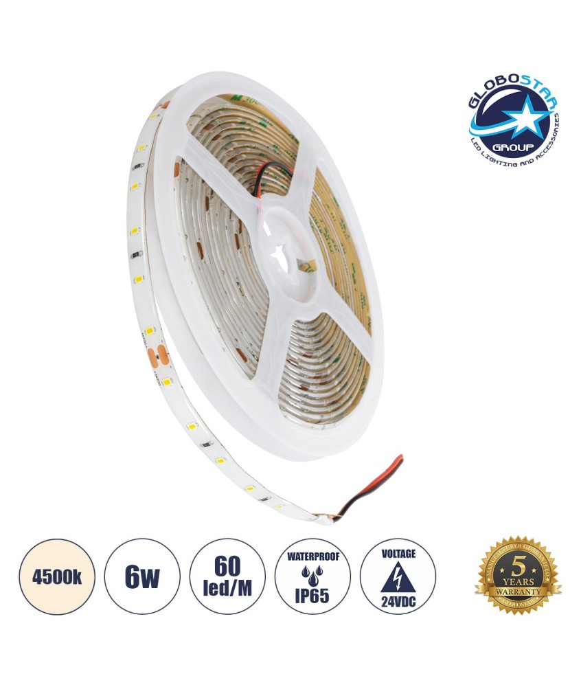 GLOBOSTAR® LILAC 70301 Ταινία LED 6W-m 600lm-m 120° DC 24V Αδιάβροχη IP65 60 x SMD2835 Chip-m Φυσικό Λευκό 4500K Dimmable - Sanan SMD Chip - Μ500 x Π0.8 x Υ0.2cm - Ρολό 5 Μέτρων - 5 Χρόνια Εγγύηση